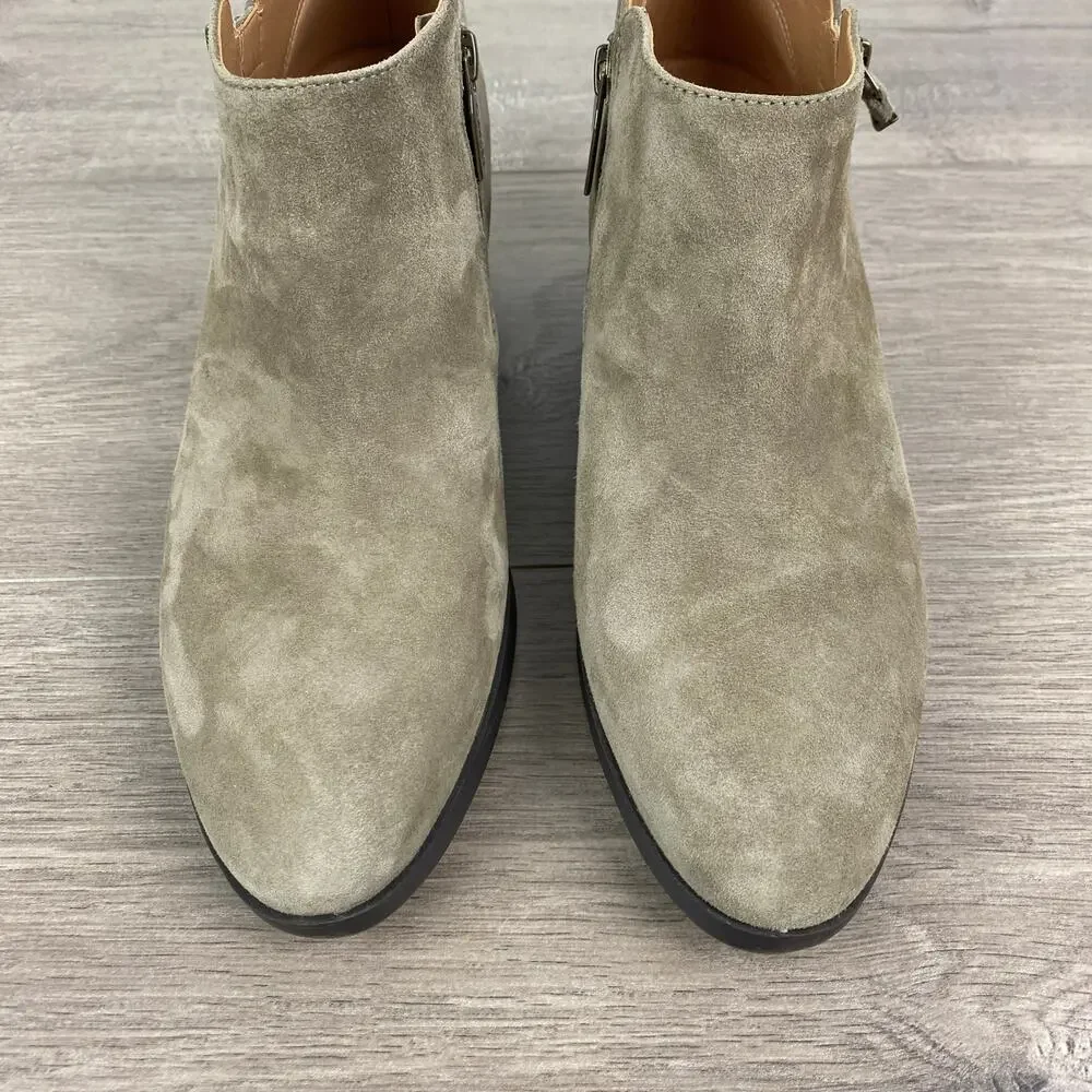 Vionic Stone Tan Gray Suede Cecily Waterproof Block Heel Booties Sz.8.5